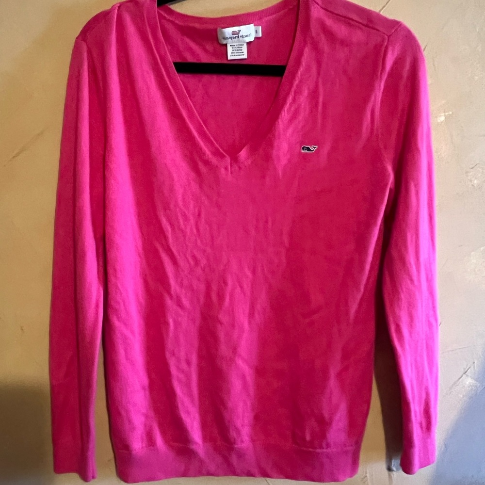 Vineyard Vines Small V neck Wool Blend Sweater Hot pink